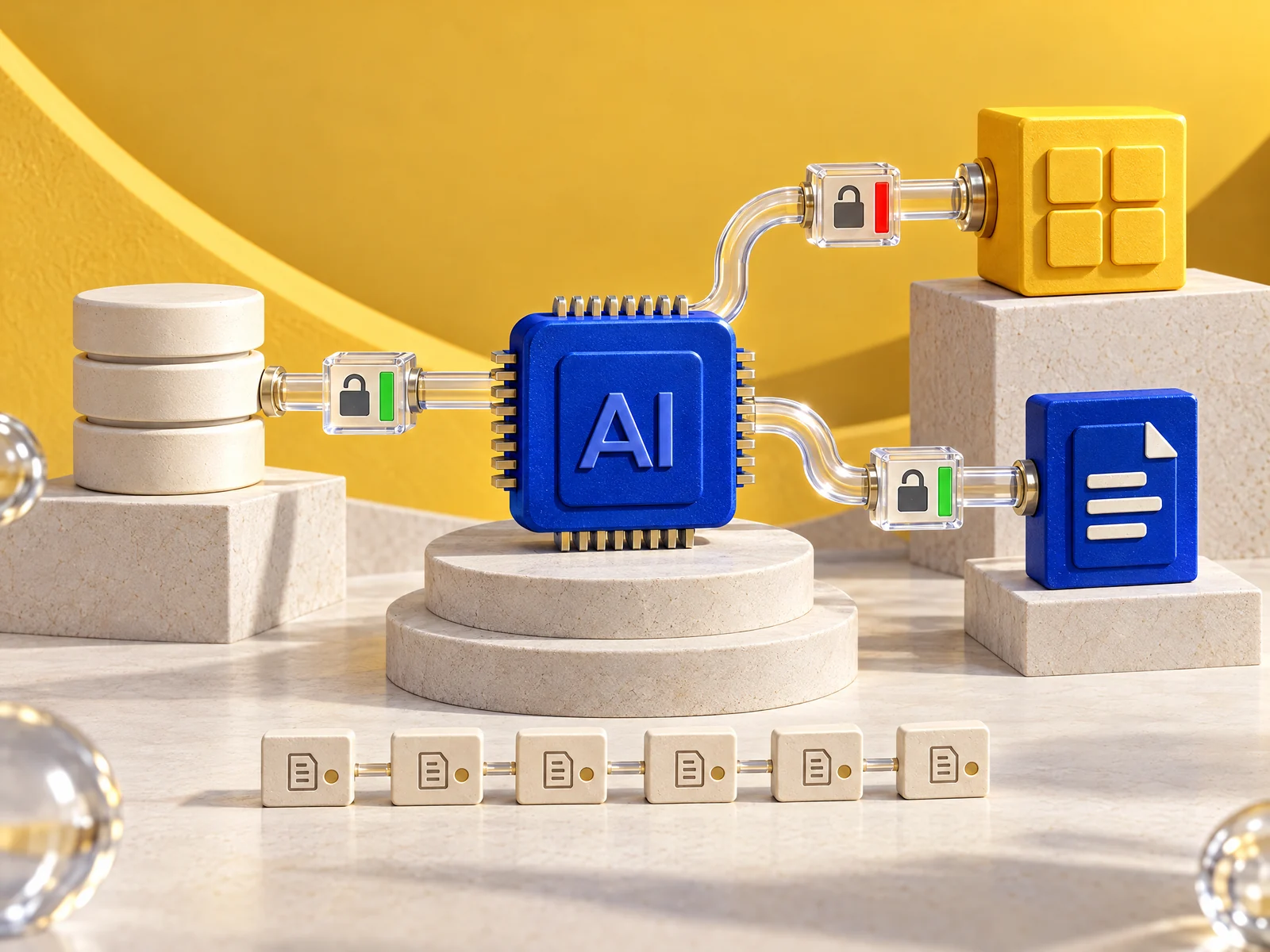 Une puce centrale reliée à des outils par des connecteurs munis de petits portiques d’autorisation.