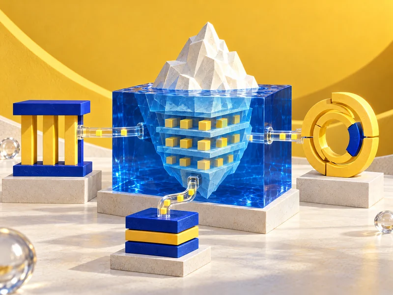 Un iceberg blanc et bleu révèle des couches sous la surface, accompagné de modules de calcul.