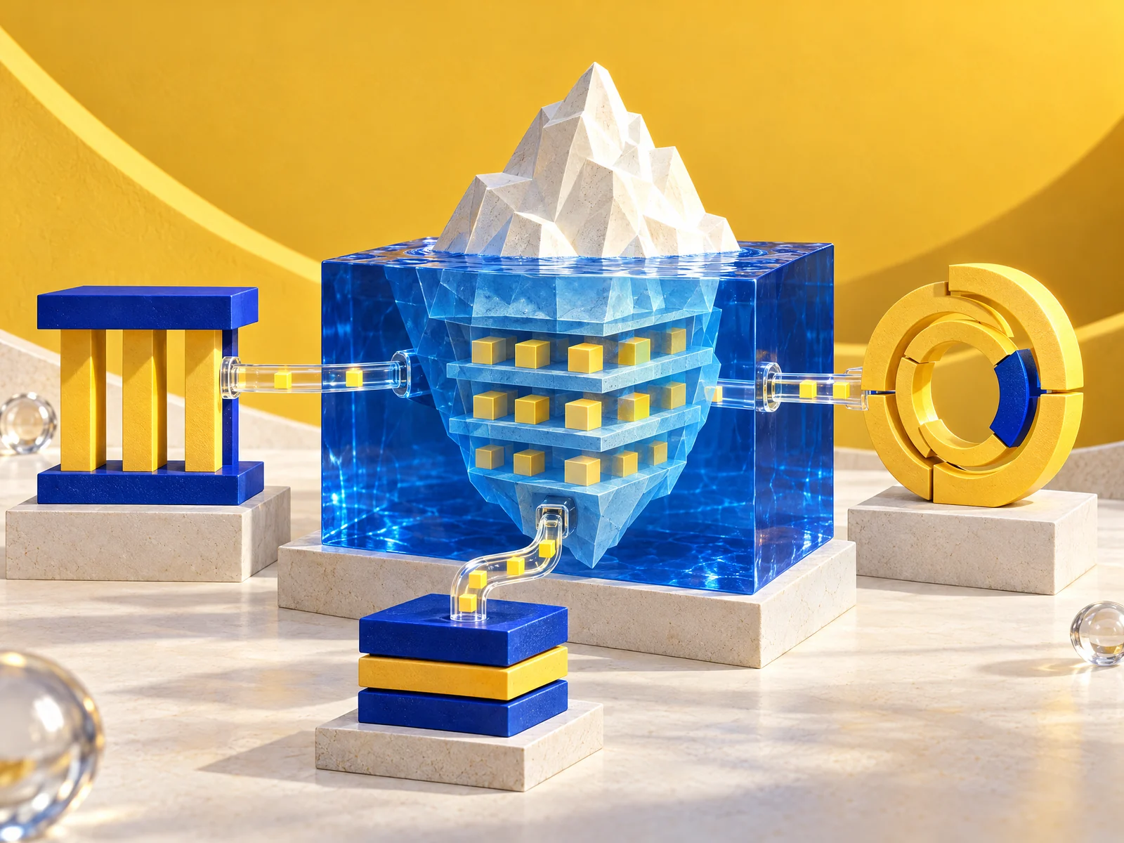 Un iceberg blanc et bleu révèle des couches sous la surface, accompagné de modules de calcul.