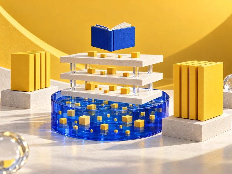 Un bassin de données bleu translucide supporte des couches de tables et un catalogue sculptural.