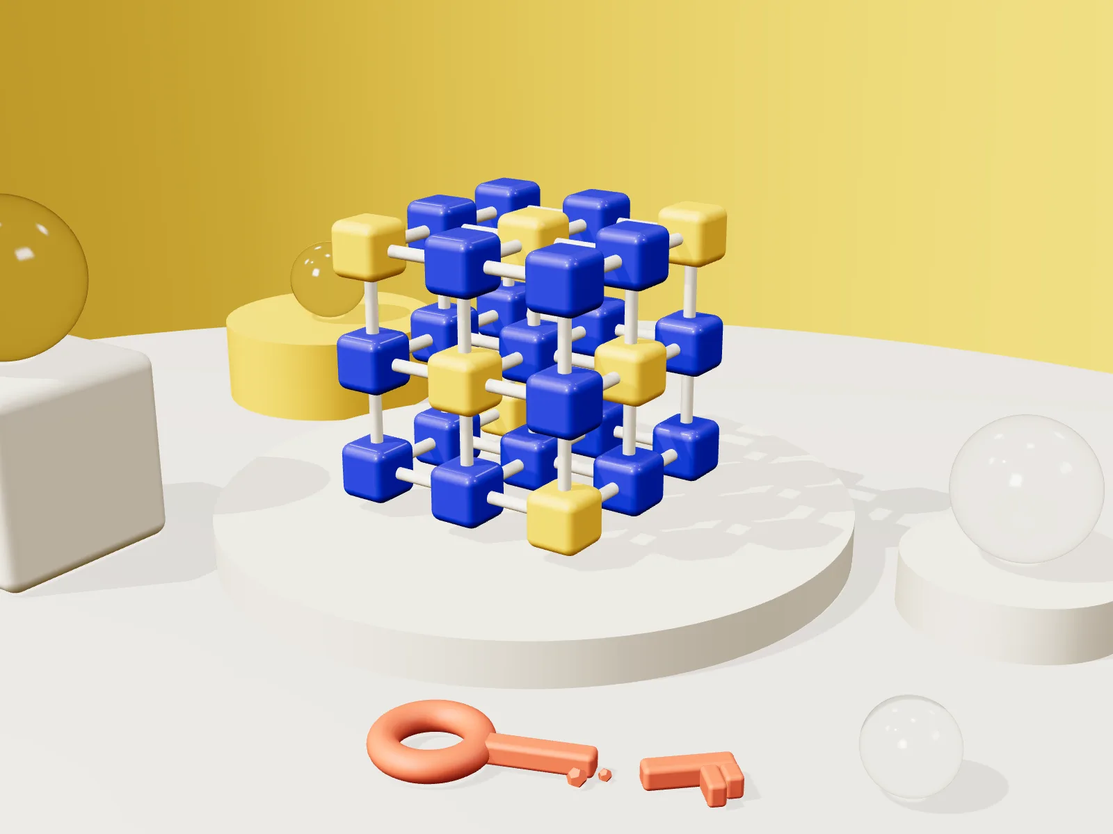 Un treillis de cubes bleus et jaunes sur un socle clair, des sphères de verre et, au premier plan, une ancienne clé corail cassée en deux