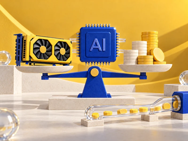 Une balance sculpturale compare un accélérateur GPU et des pièces, à côté de jetons de consommation IA.