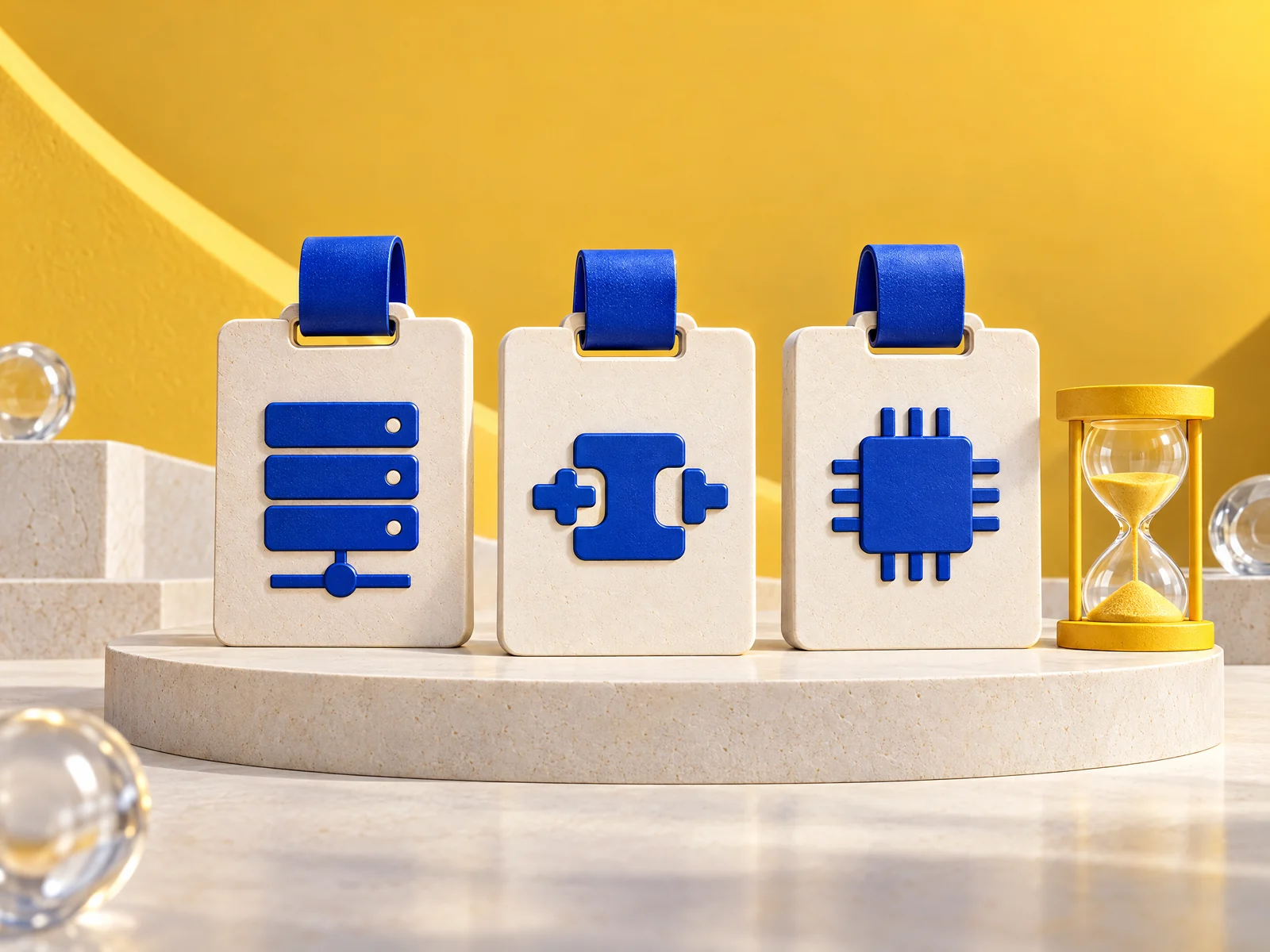 Des badges symboliques identifient un serveur, un outil logiciel et une puce IA, avec des limites d’accès.