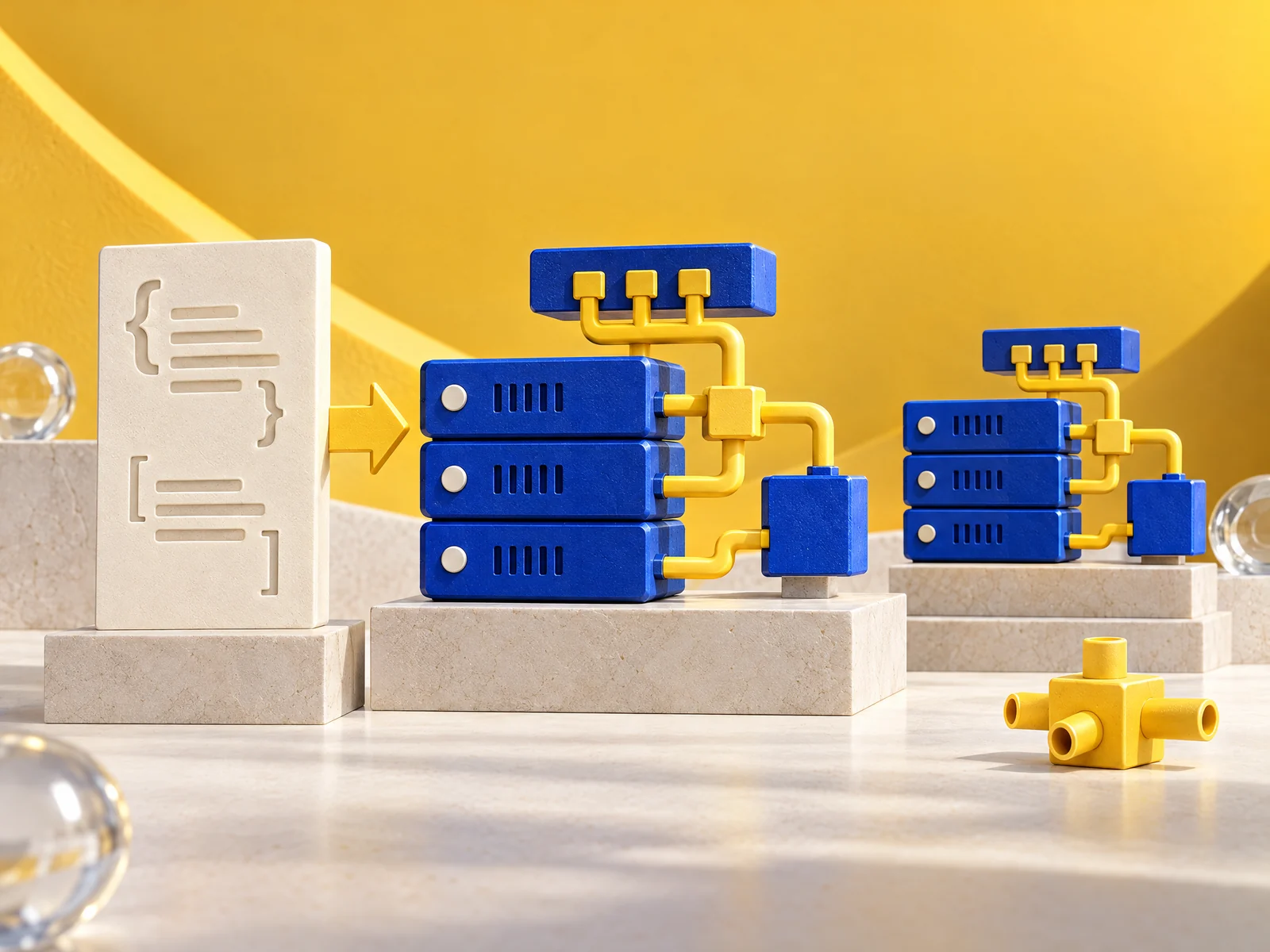 Des blocs de code sculpturaux s’assemblent en serveurs et réseaux sur une base modulaire.