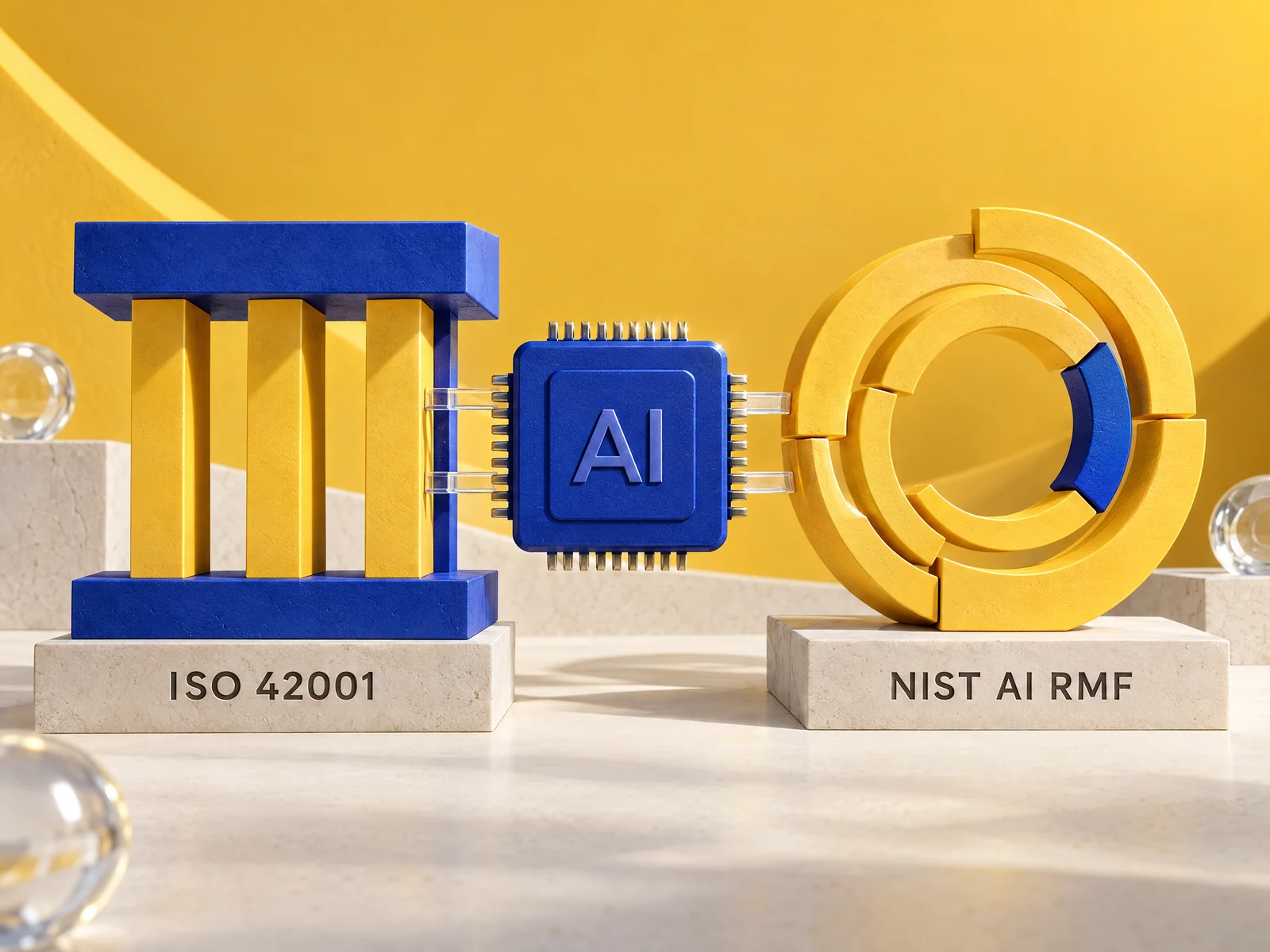 Deux structures, l’une rectangulaire et l’autre circulaire, encadrent une puce IA entre les mentions ISO 42001 et NIST AI RMF.