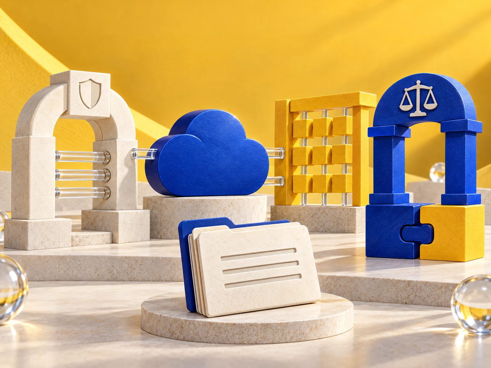 Un nuage entouré de plusieurs portiques de contrôle sculpturaux bleus et jaunes.