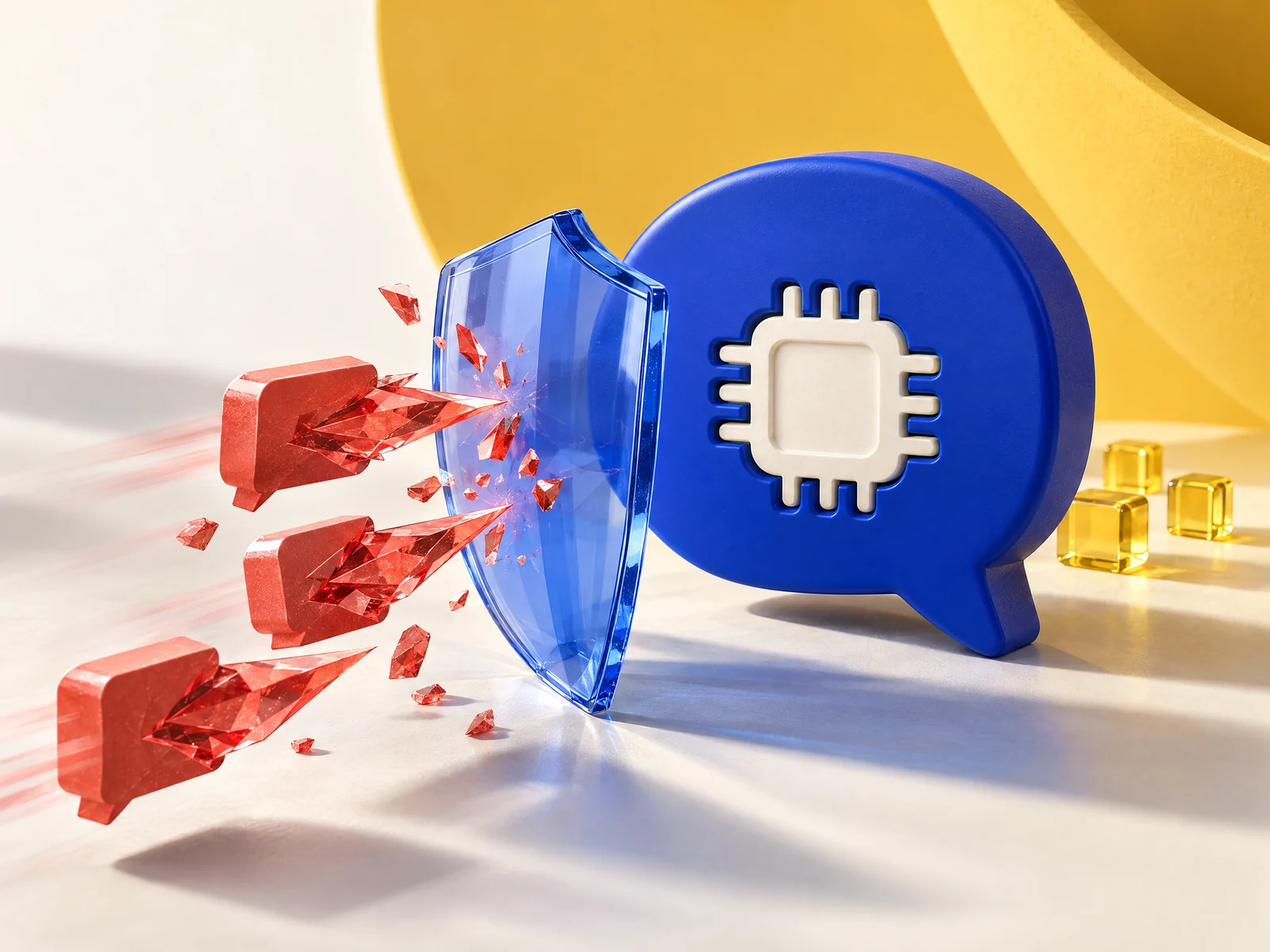 Un bouclier translucide intercepte des messages rouges dirigés vers une bulle de conversation contenant une puce.