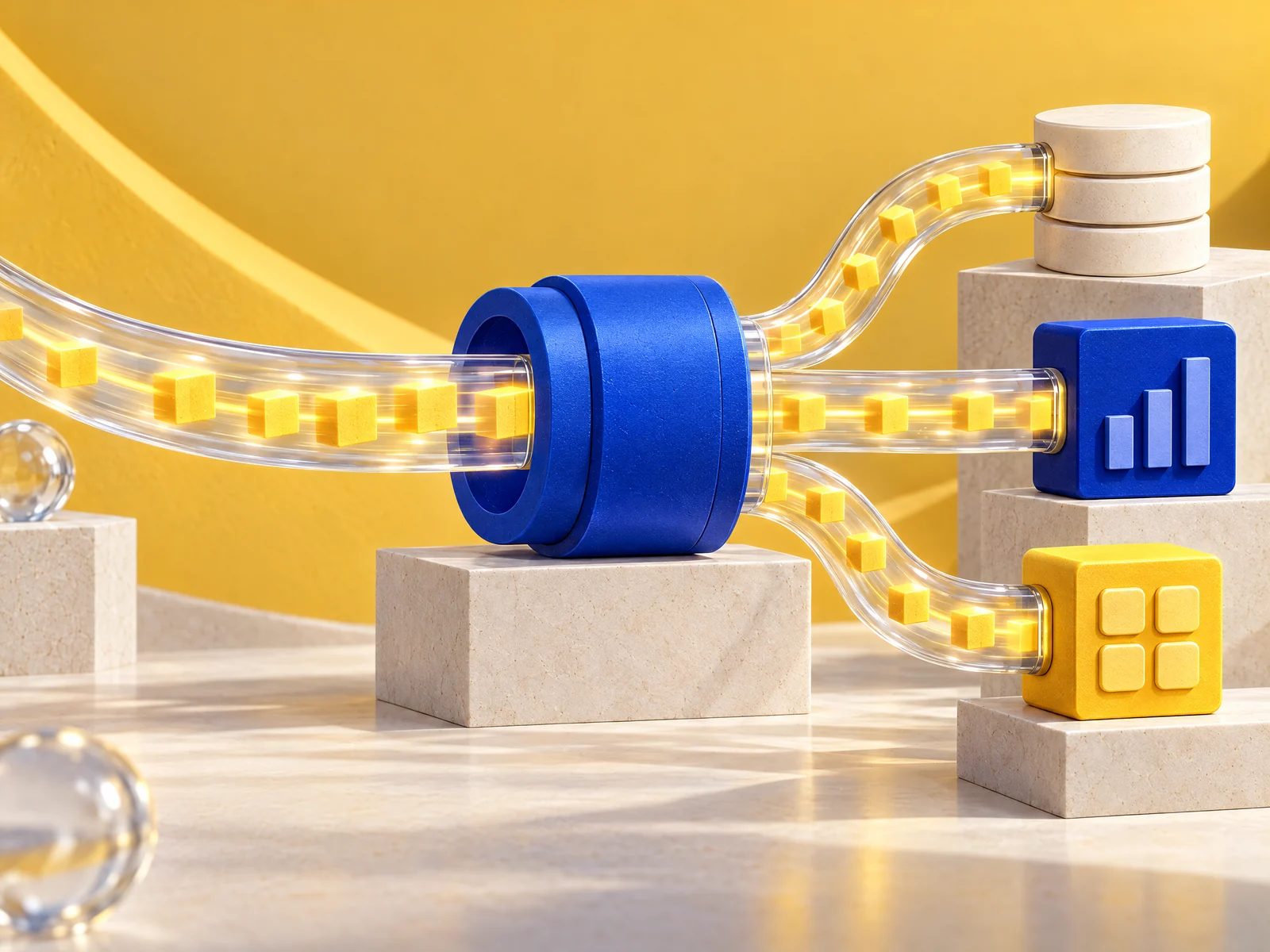 Un ruban de blocs de données traverse un hub et se répartit vers plusieurs modules.